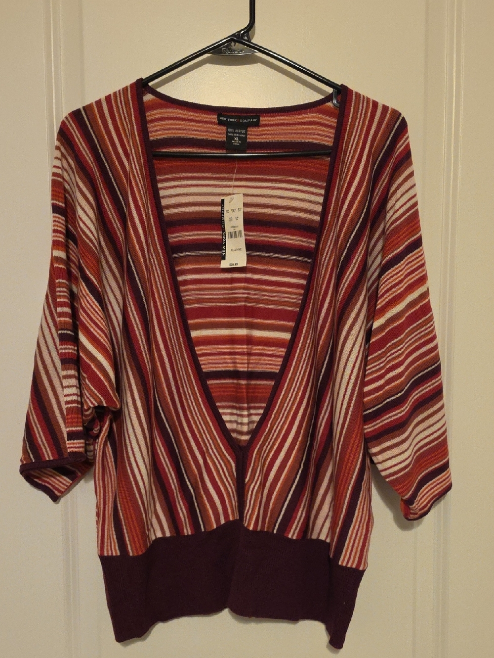 New York & Company Striped V-Neck Sweater — Pink, Cream & Burgundy